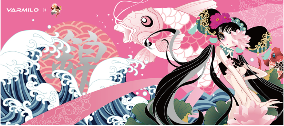 Varmilo Extra Large Koi Overshadow the Flowers Desk Mat with Stitched Edges