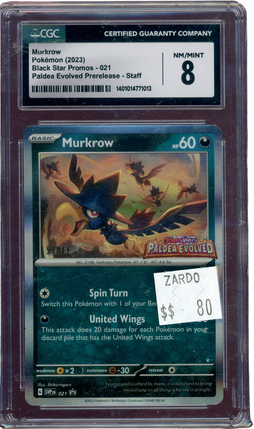 CGC 8 MURKROW STAFF PALDEA EVOLVED PRERELEASE