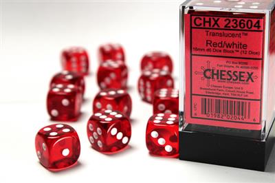 Chessex Translucent 16mm d6 Red / White Dice Block (12 dice)