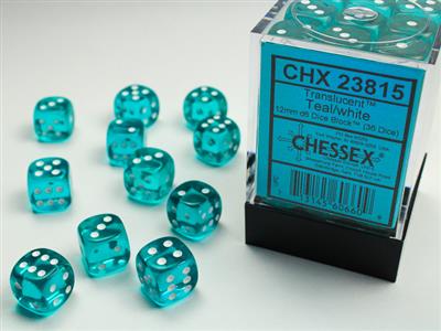 Chessex Translucent 12mm d6 Teal / White Dice Block (36 dice)