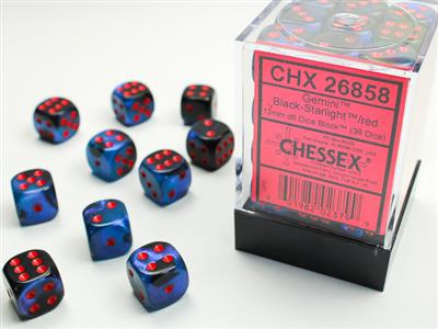 Chessex Gemini 12mm d6 Black-Starlight / Red Dice Block (36 dice)