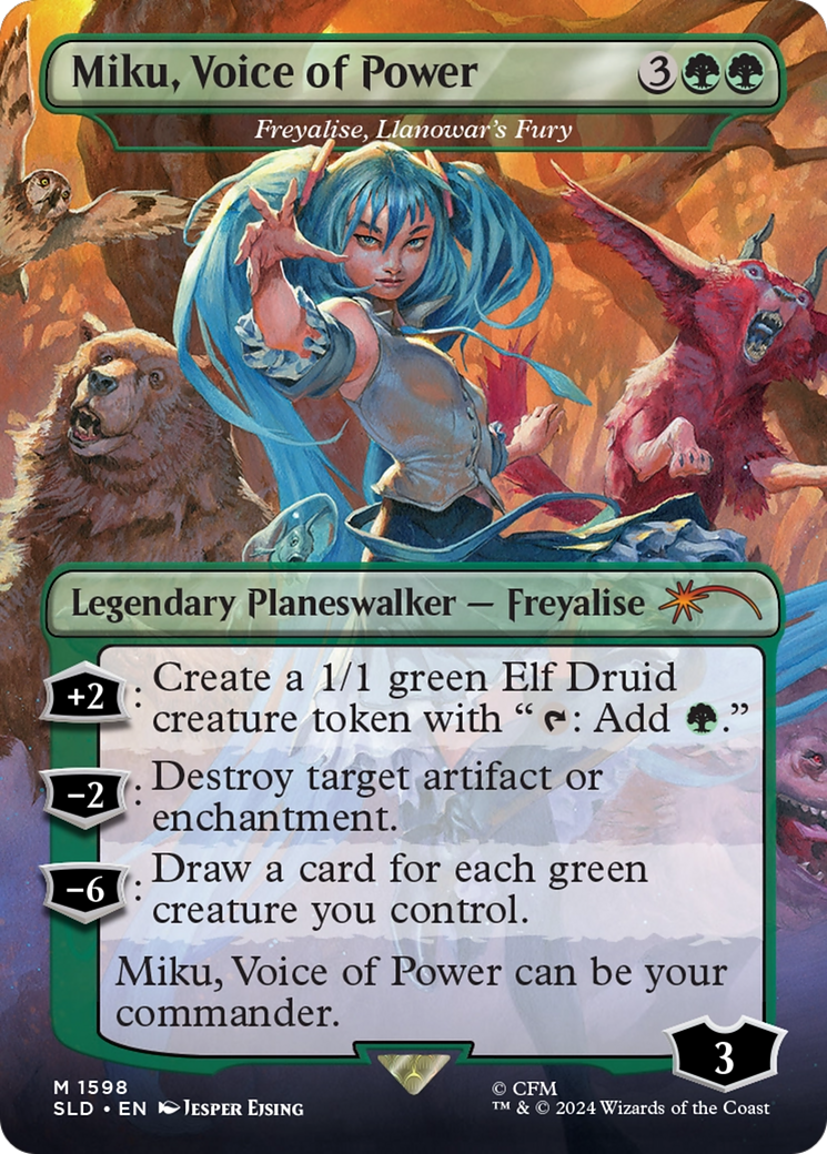 Freyalise, Llanowar's Fury (SLD-1598) - Secret Lair Drop / Miku, Voice of Power (Borderless)