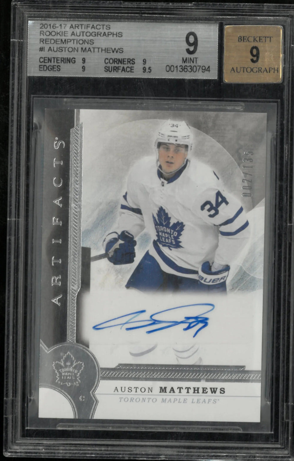 Auston Matthews RC Rookie BGS 9 Auto 9 2016-17 Artifacts Autographs Redemptions
