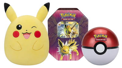 Pokemon TCG: Jolteon-GX Elemental Power Tin & Poké Ball Tin + 10" Winking Pikachu Squishmallow Bundle