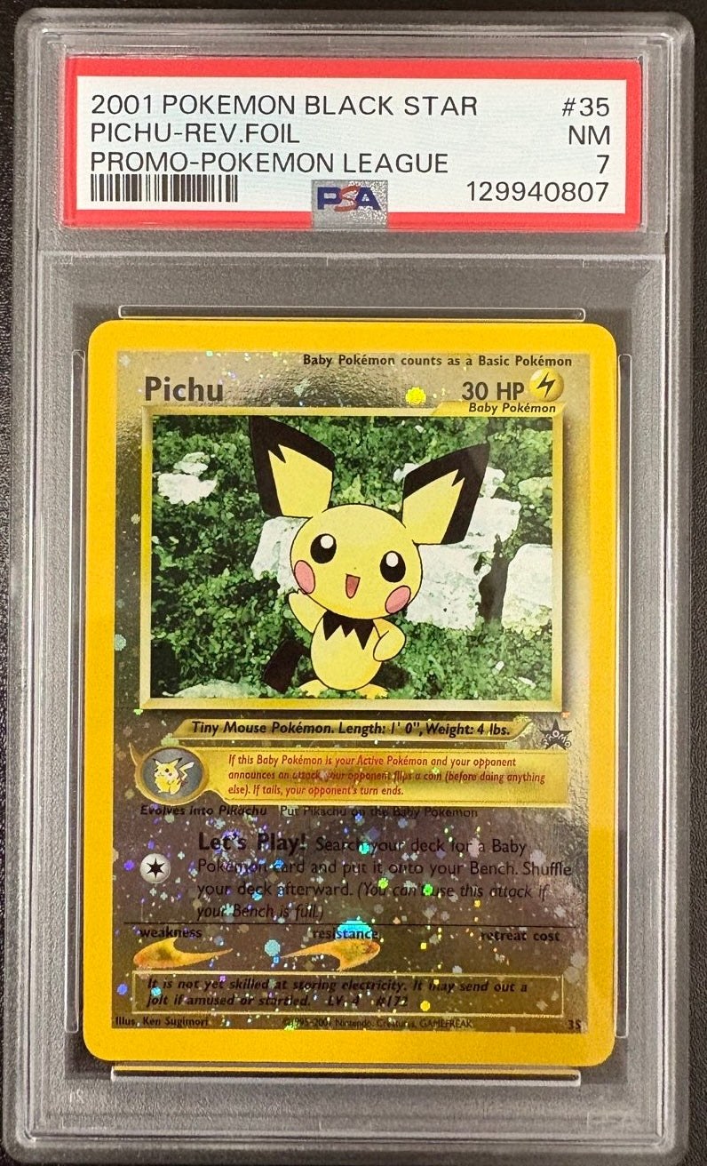 PICHU-REV.FOIL PROMO-POKEMON LEAGUE 2001 POKEMON PROMO BLACK STAR PSA NM 7