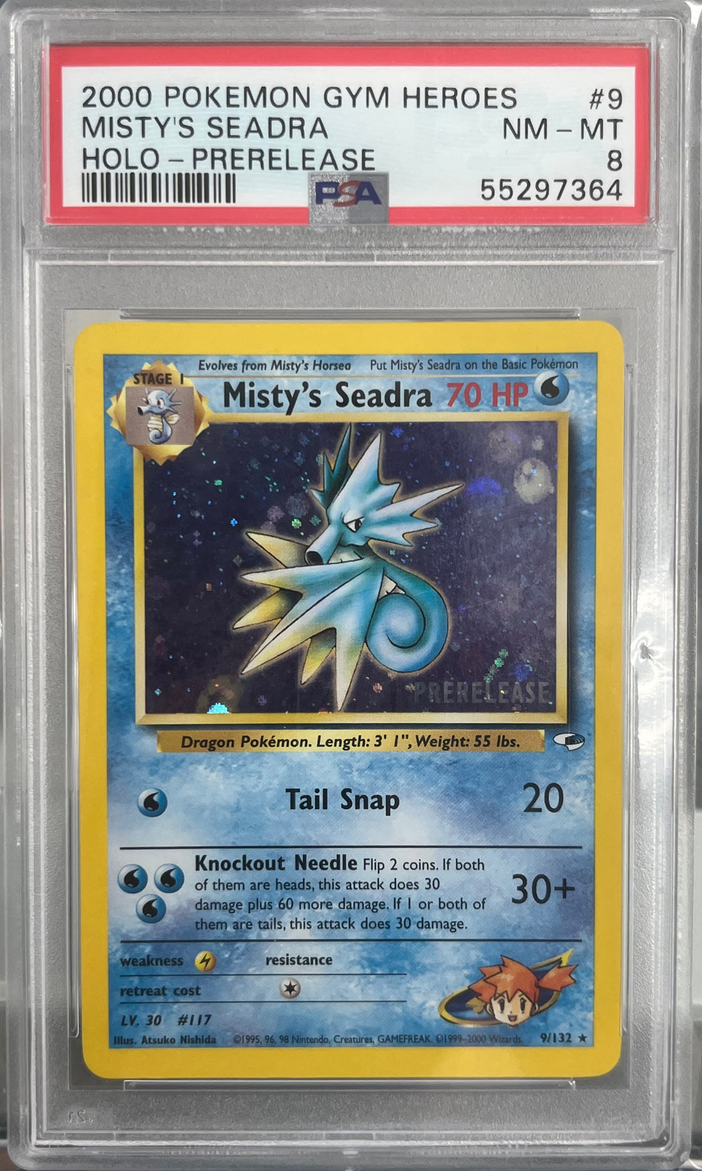2000 POKEMON GYM HEROES #9 MISTY'S SEADRA HOLO-PRERELEASE PSA 8