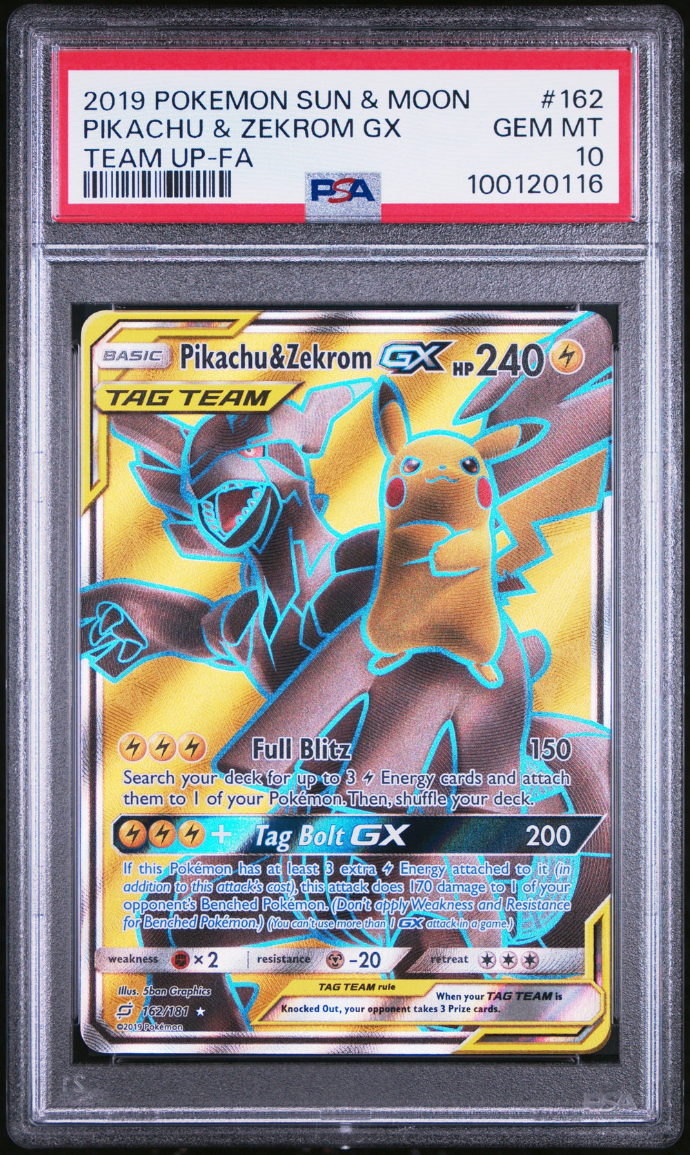 2019 POKEMON SUN & MOON TEAM UP #162 PIKACHU & ZEKROM GX TEAM UP-FA PSA 10