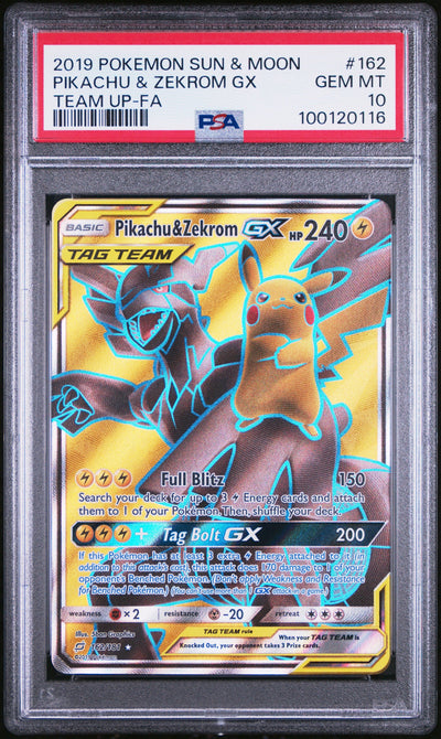 2019 POKEMON SUN & MOON TEAM UP #162 PIKACHU & ZEKROM GX TEAM UP-FA PSA 10