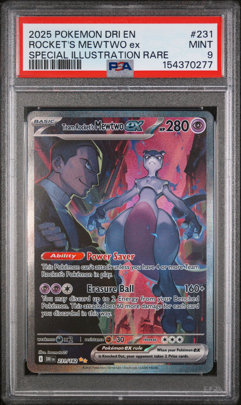 2025 POKEMON DRI EN-DESTINED RIVALS #231 ROCKET'S MEWTWO EX SPECIAL ILLUSTRATION RARE PSA 9