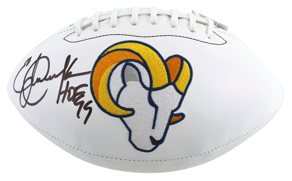 Rams Eric Dickerson "HOF 99" Signed White Panel Logo Football BAS Witnessed