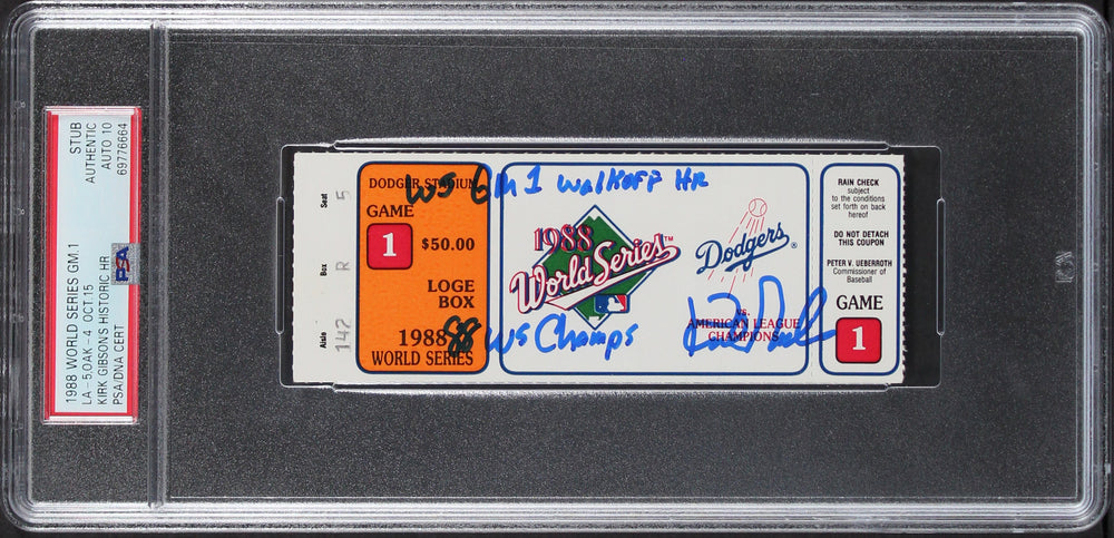 Dodgers Kirk Gibson "2x Insc" Signed 1988 WS Game 1 Ticket Auto 10 PSA Slabbed 3