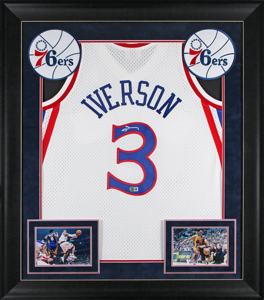 76ers Allen Iverson Signed White 1996-97 M&N HWC Swingman Framed Jersey BAS Wit