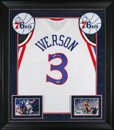 76ers Allen Iverson Signed White 1996-97 M&N HWC Swingman Framed Jersey BAS Wit