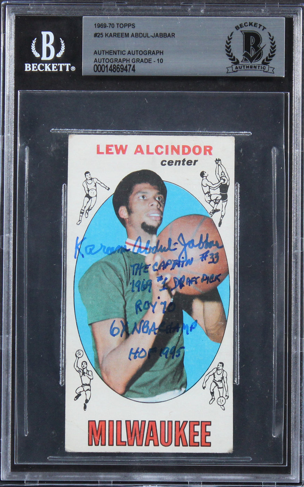 Kareem Abdul-Jabbar "Career Stat" Signed 1969 Topps #25 RC Card Auto 10 BAS Slab