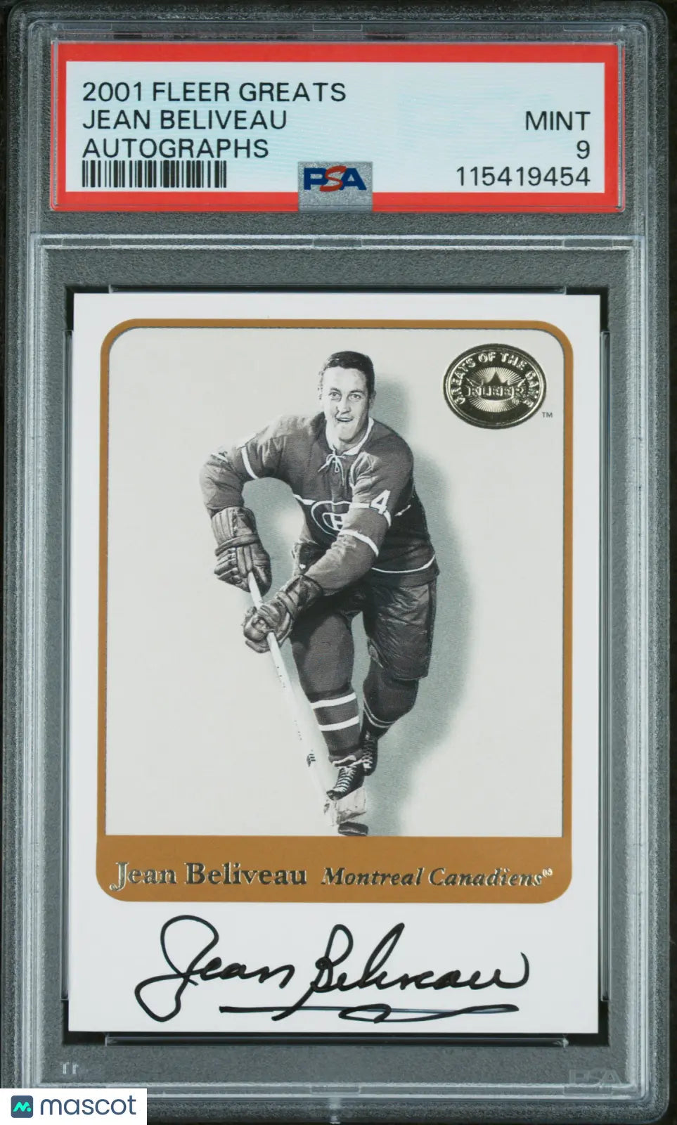 Jean Beliveau PSA 9 Auto Pop 5 No 10 2001-02 Fleer Great of the Game