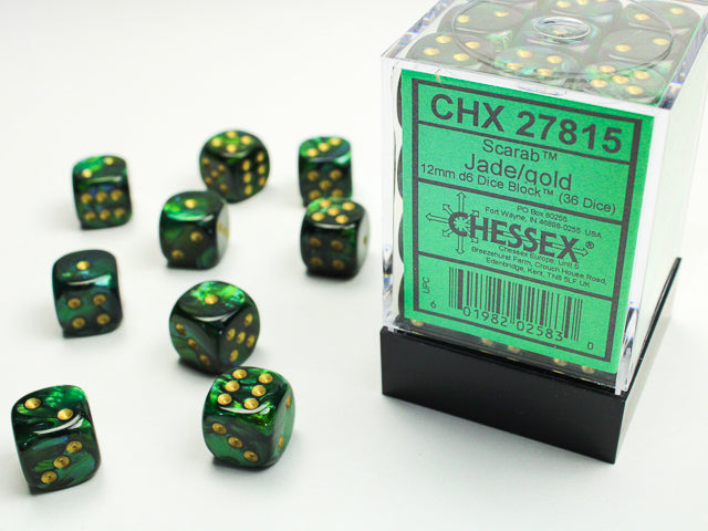 Chessex: Scarab Jade/Gold 12mm d6 Dice Block (36 dice)