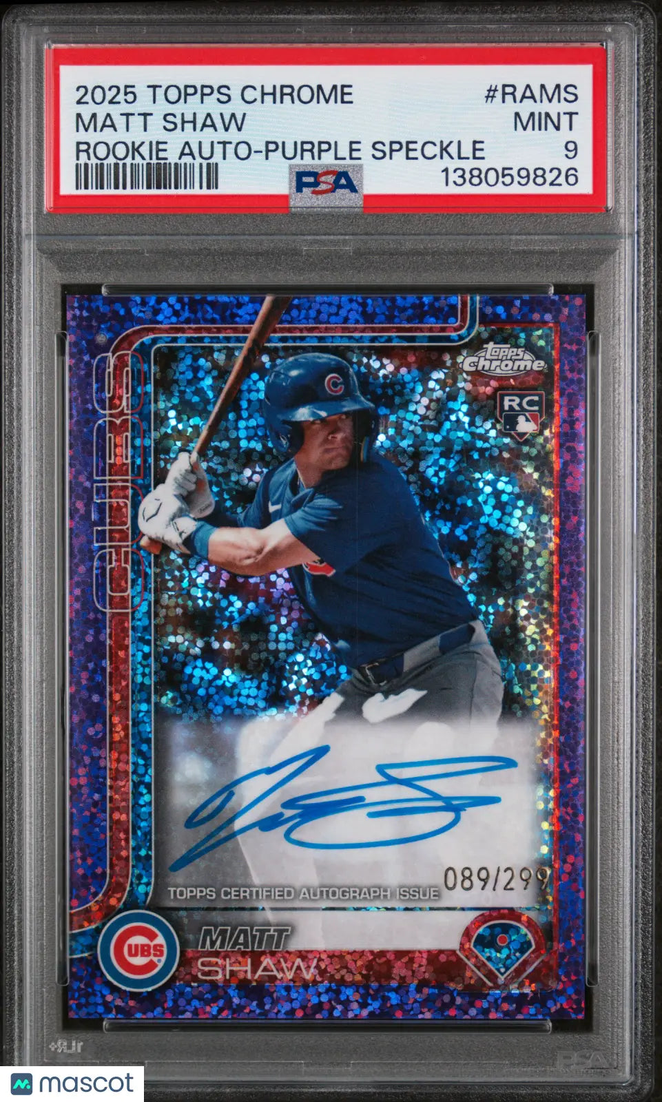Matt Shaw Purple Speckle /299 PSA 9 RC 2025 Topps Chrome Rookie Autograph