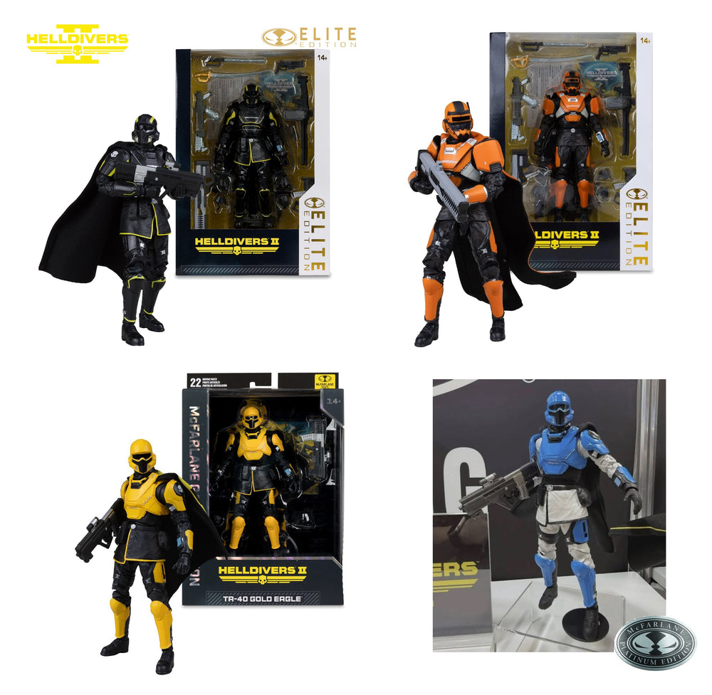 McFarlane Helldivers II Complete Set of 4 - #10 B-01 Tactical + CE-35 Trench Engineer + TR-40 Gold Eagle + TR-7 Ambassador CHASE (PRE-ORDER JULY 2026)