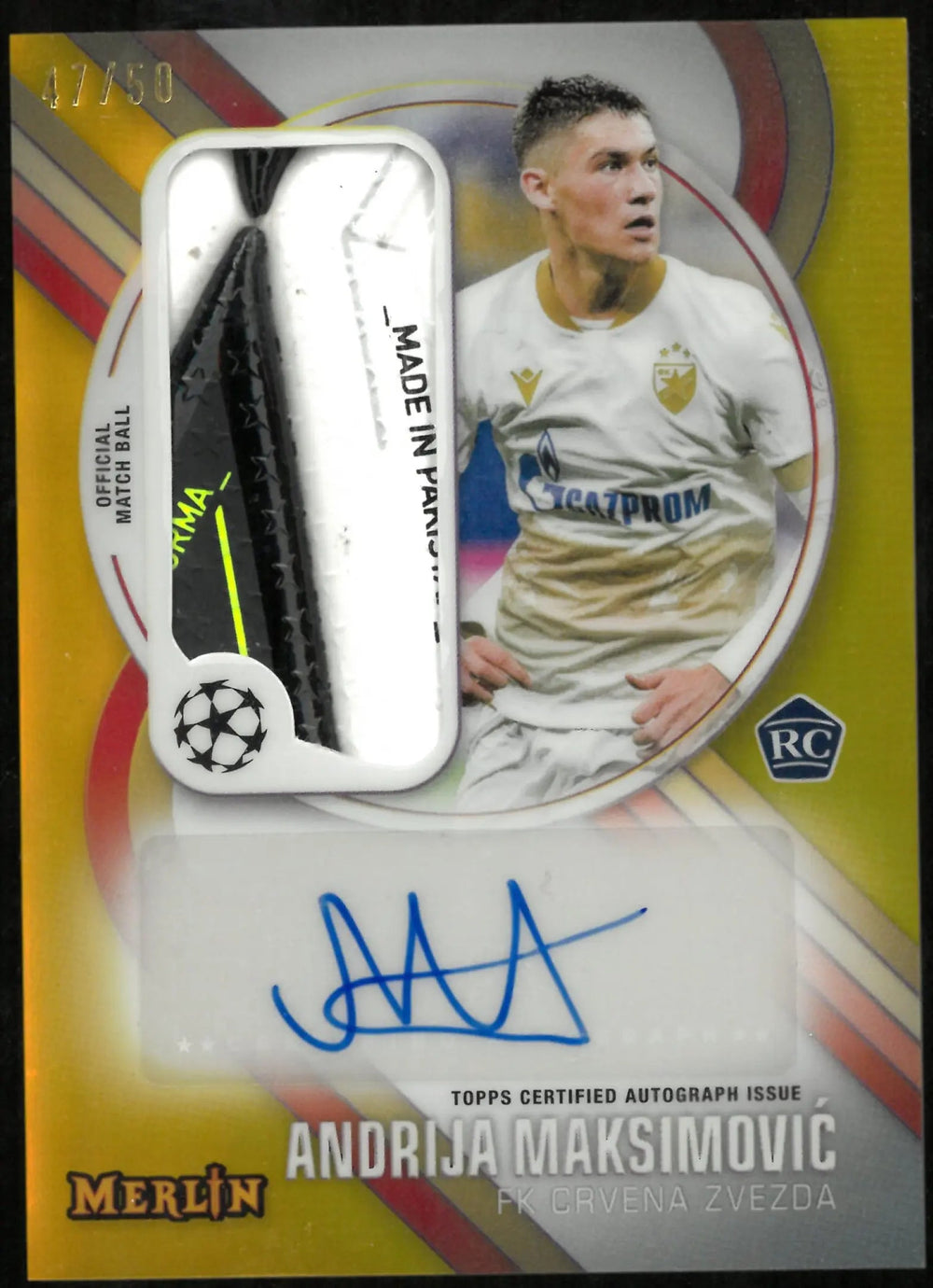 Topps 2024-25 Merlin UCC Andrija Maksimovic Match Ball Auto RC Rookie /50