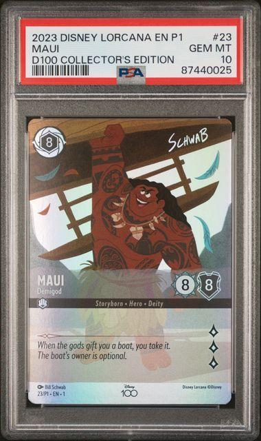 2023 DISNEY LORCANA EN P1-PROMO #23 MAUI D100 COLLECTOR'S EDITION PSA 10