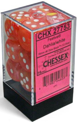 Chessex Festive Luminary Dice - 12 x D6 - 16mm - Dahlia/White