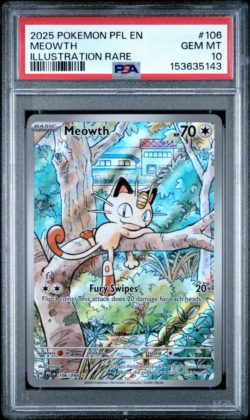 2025 POKEMON PFL EN-PHANTASMAL FLAMES 106 MEOWTH ILLUSTRATION RARE PSA 10