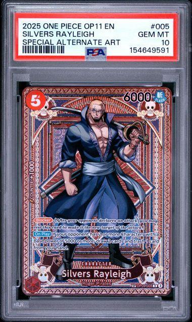 2025 ONE PIECE OP11-A FIST OF DIVINE SPEED #005 SILVERS RAYLEIGH SPECIAL ALTERNATE ART PSA 10