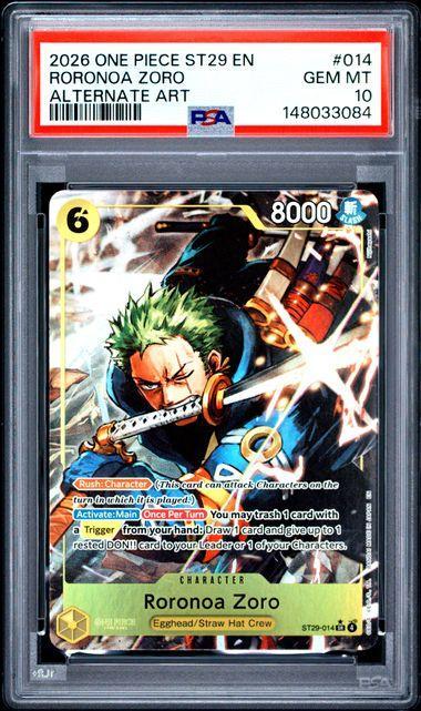 2026 ONE PIECE STARTER DECK ST29-EGGHEAD 014 RORONOA ZORO ALTERNATE ART PSA 10