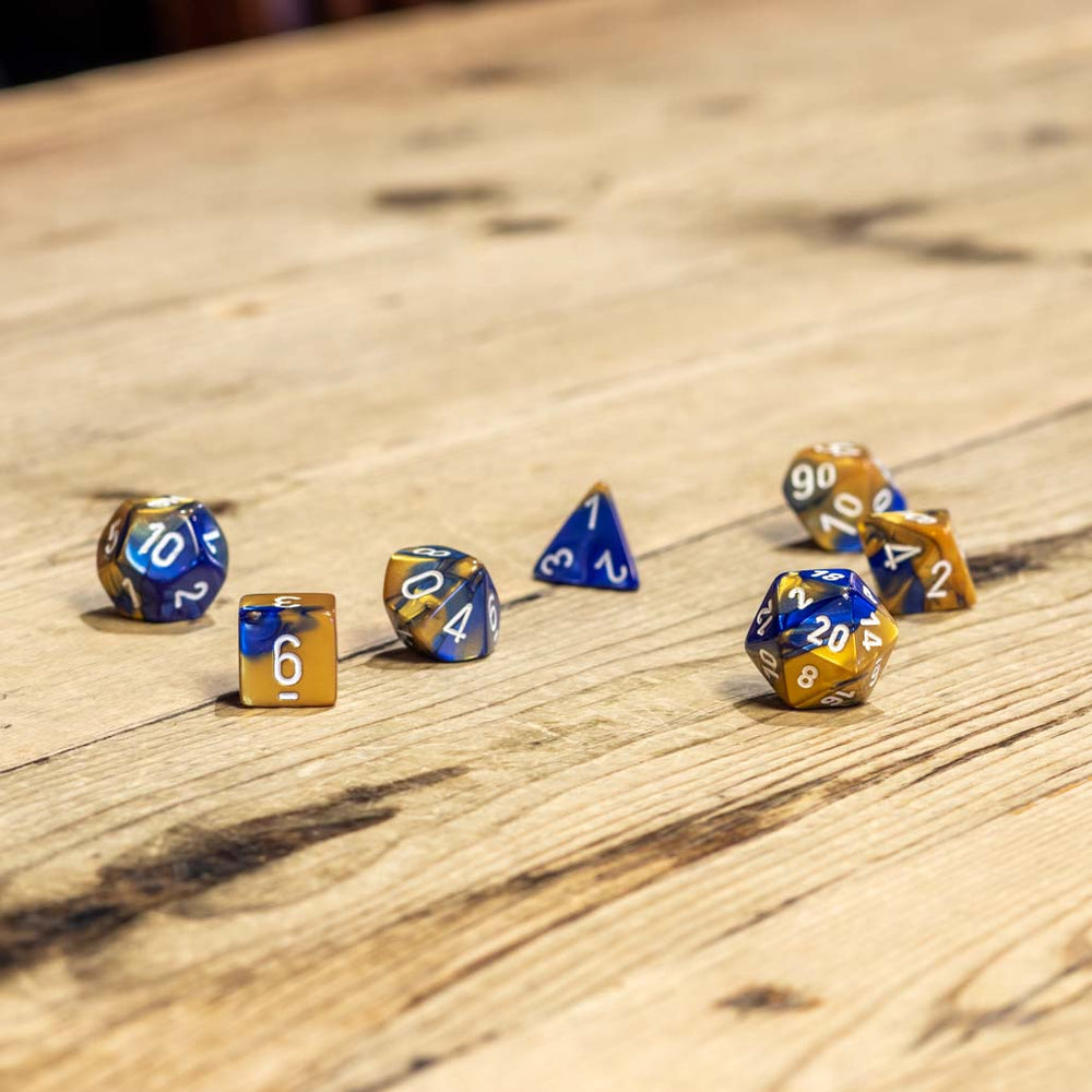 Chessex #26422 - Gemini Blue-Gold / White Polyhedral (7ct)