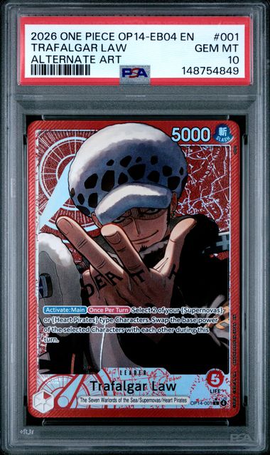 2026 ONE PIECE OP14-EB04-THE AZURE SEA'S SEVEN TRAFALGAR LAW ALTERNATE ART #001 PSA 10