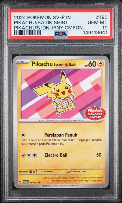 2024 POKEMON INDONESIAN SV-P PROMO 190 PIKACHU IN BATIK SHIRT PIKACHU'S INDONESIA JOURNEY CAMPAIGN PSA 10