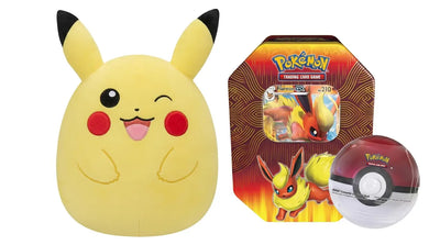 Pokemon TCG: Flareon-GX Elemental Power Flareon-GX Tin & Poké Ball Tin + 10" Winking Pikachu Squishmallow Bundle