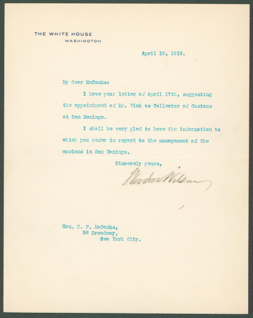 Woodrow Wilson Authentic Signed 7x8.8 Letter Dated April 19, 1913 BAS #AB14533