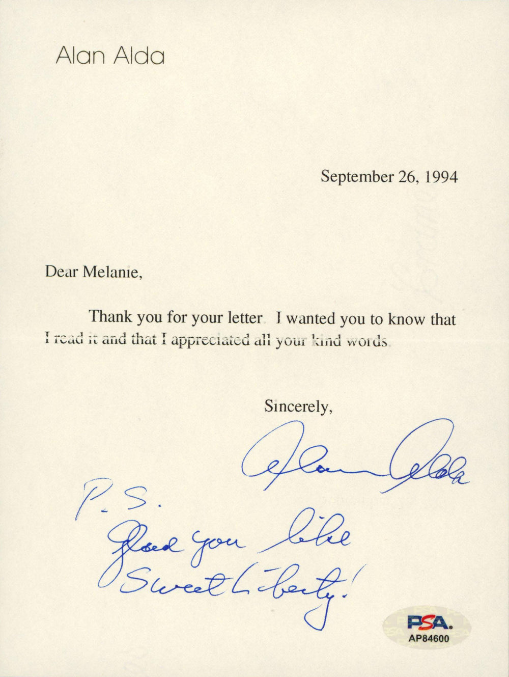 Alan Alda M*A*S*H Authentic Signed 5.75x7.75 Letter Autographed PSA/DNA #AP84600