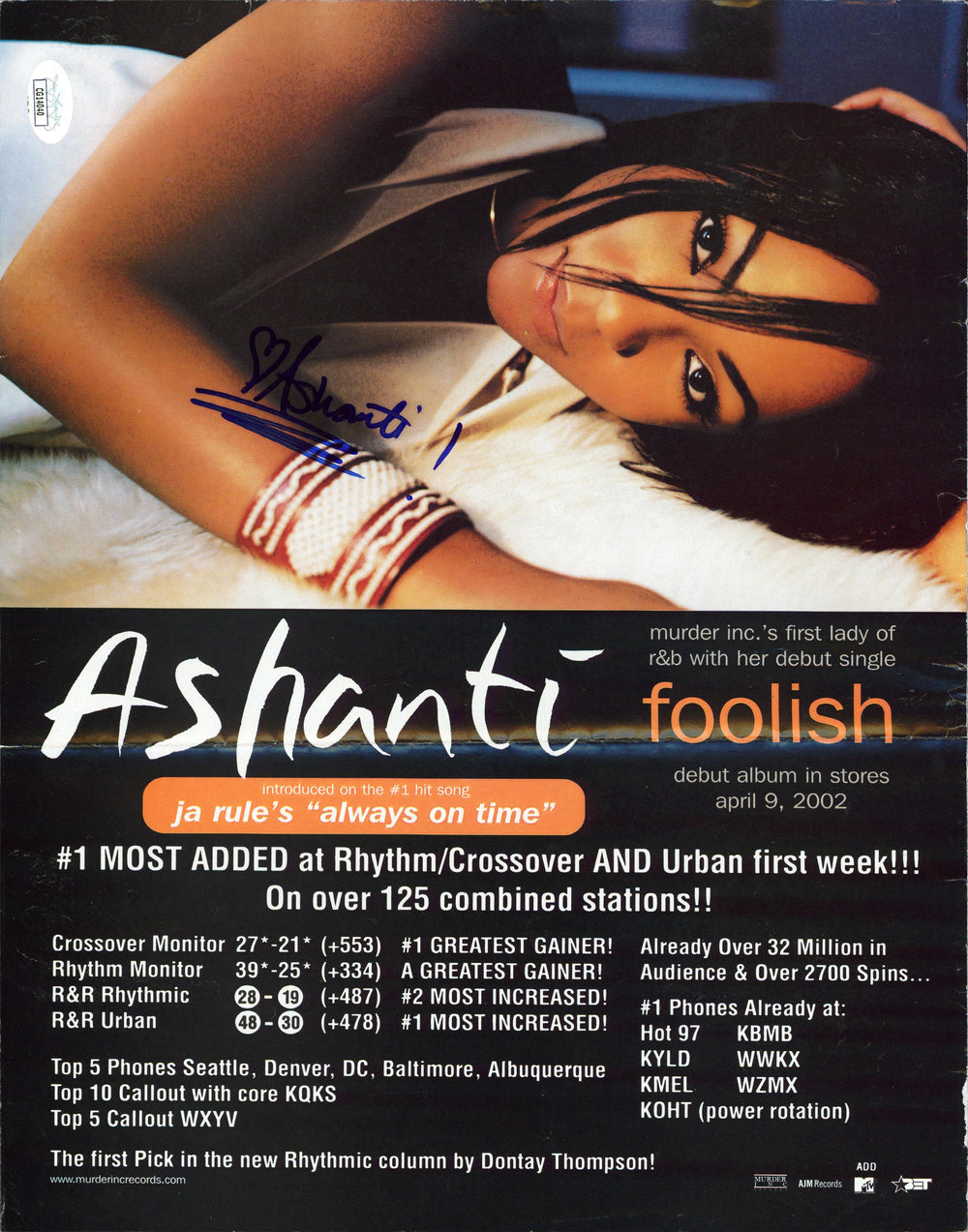 Ashanti Authentic Signed 10.75x 14.75 Promotional Poster JSA #CG14040