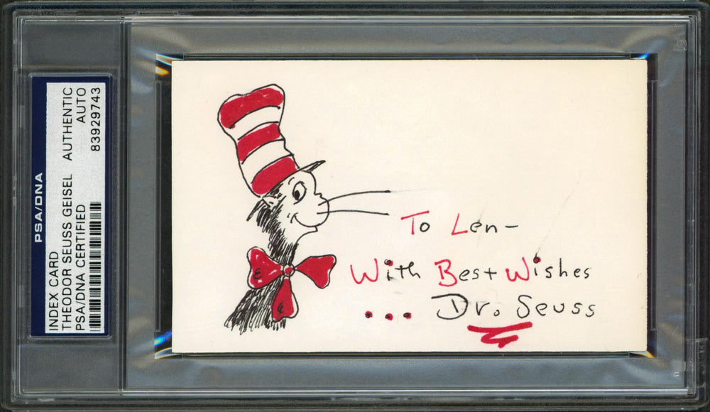 Dr. Seuss "Best Wishes" Signed 3x5 Index Card w/ Cat In The Hat Sketch PSA Slab