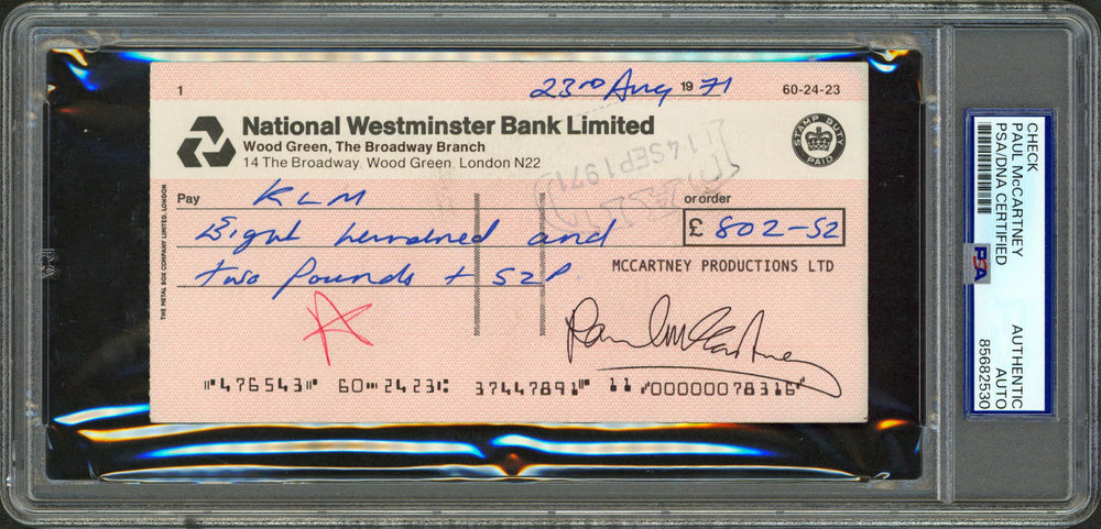 Paul McCartney Signed 3.25x6.25 1971 McCartney Productions Ltd Check PSA Slabbed