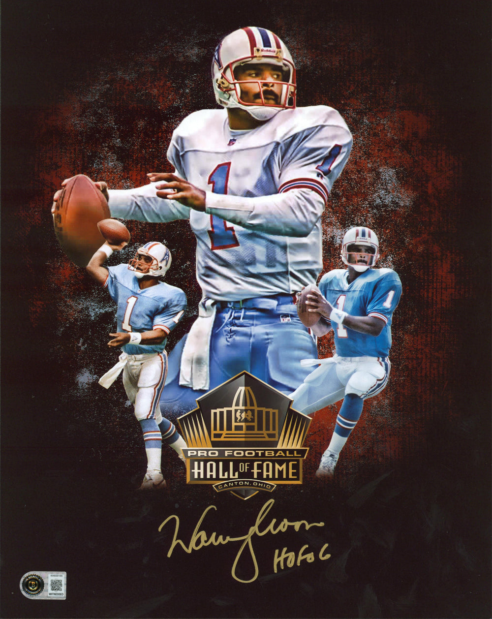 Warren Moon "HOF 06" Signed 11x14 Collage Photo w/ Gold Sig BAS Witnessed