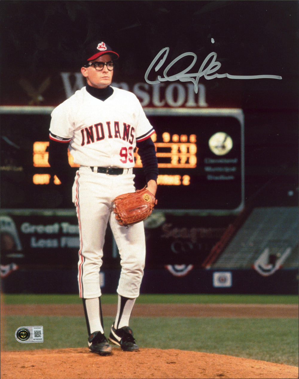 Charlie Sheen Major League Signed 11x14 Vertical Mound Pitching Photo BAS Wit