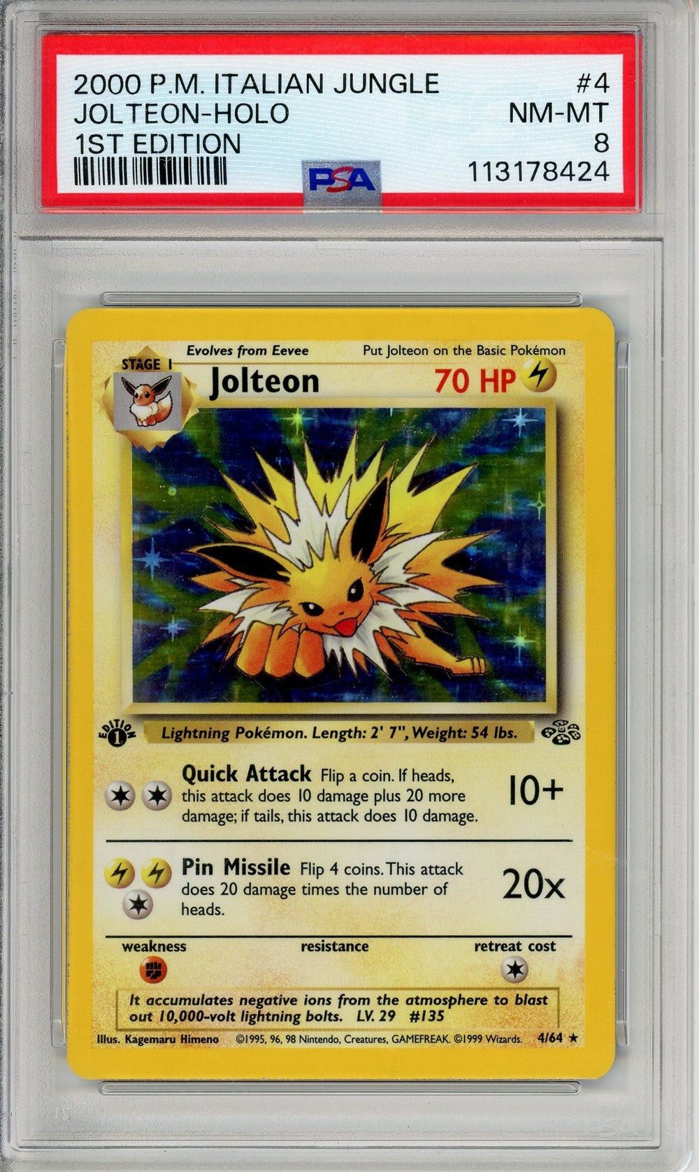Pokemon Graded: Jolteon 1st Edition 4/64 Jungle (2000) Holo PSA 8 Error-Italian Label English Card