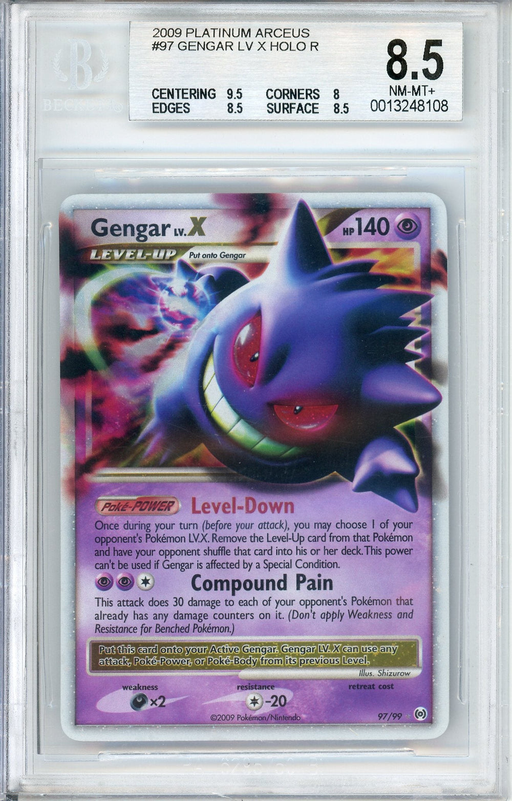 Pokemon Graded: Gengar Lv.X 97/99 Platinum Arceus (2009) Holo Beckett 8.5