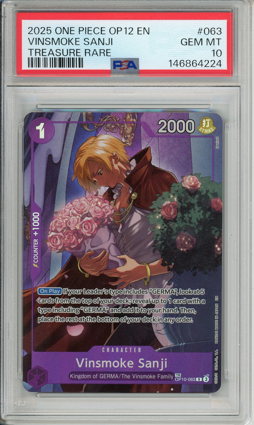One Piece Graded: Vinskmoke Sanji OP10-063 Treasure Rare (2025) PSA 10