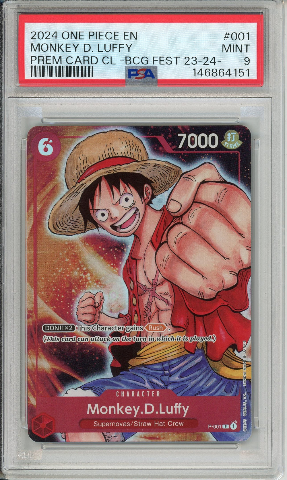 One Piece Graded: Monkey D. Luffy P-001 Premium Card Collection BCG Fest 23-24 PSA 9