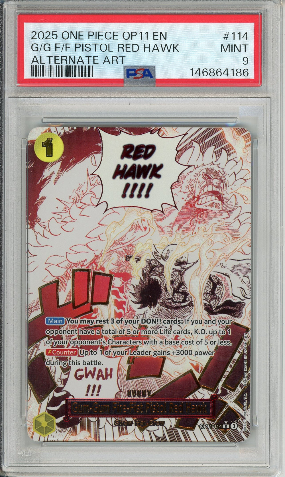 One Piece Graded: Gum-Gum Fire-Fist Pistol Red Hawk OP11-114 Fist of Divine Speed (2025) Alt Art PSA 9