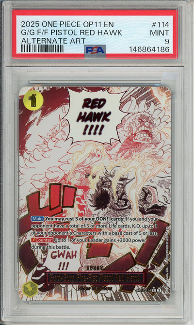 One Piece Graded: Gum-Gum Fire-Fist Pistol Red Hawk OP11-114 Fist of Divine Speed (2025) Alt Art PSA 9