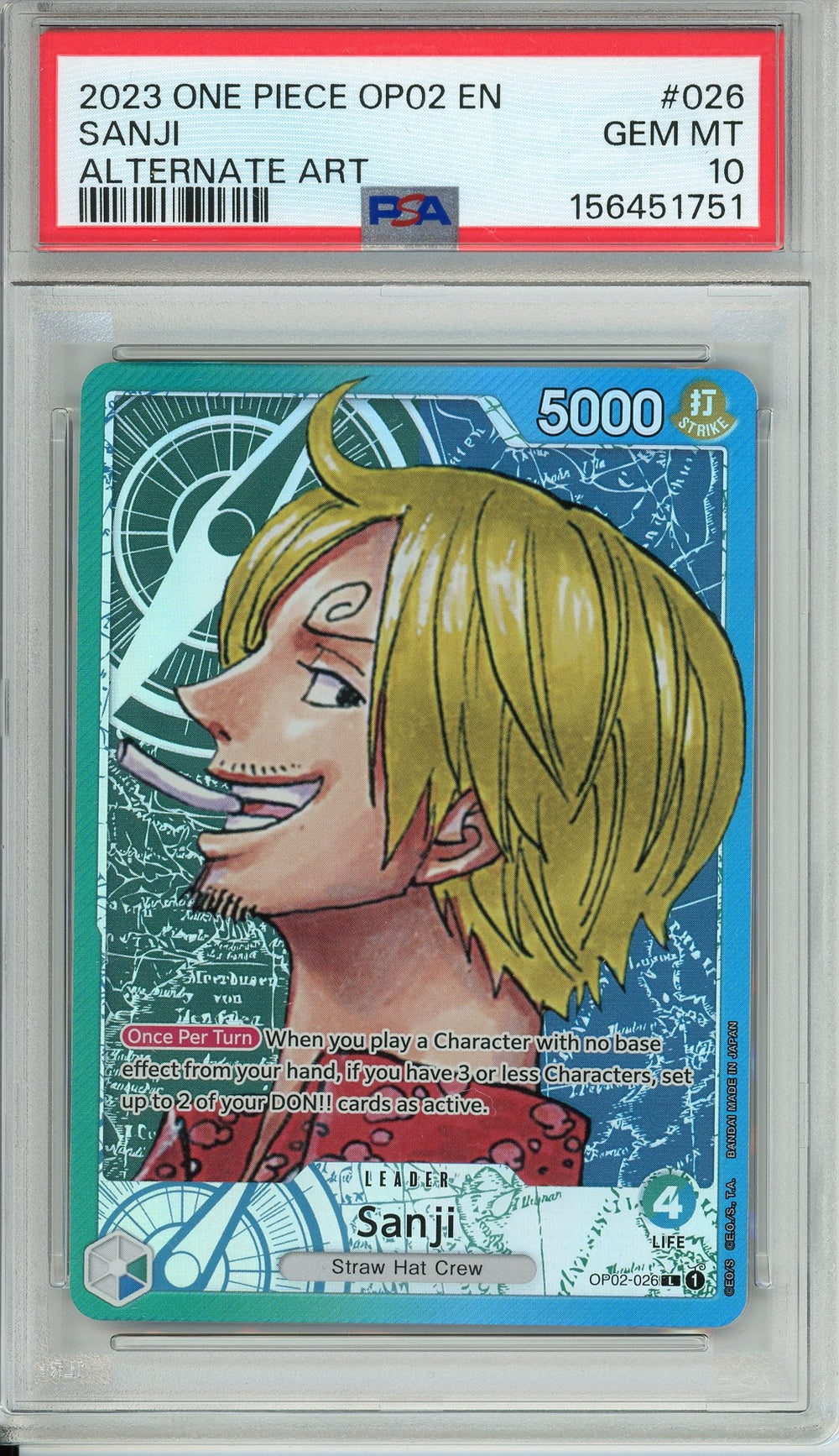 Pokemon Graded: Sanji OP02-026 Paramount War (2023) Leader Alt Art PSA 10