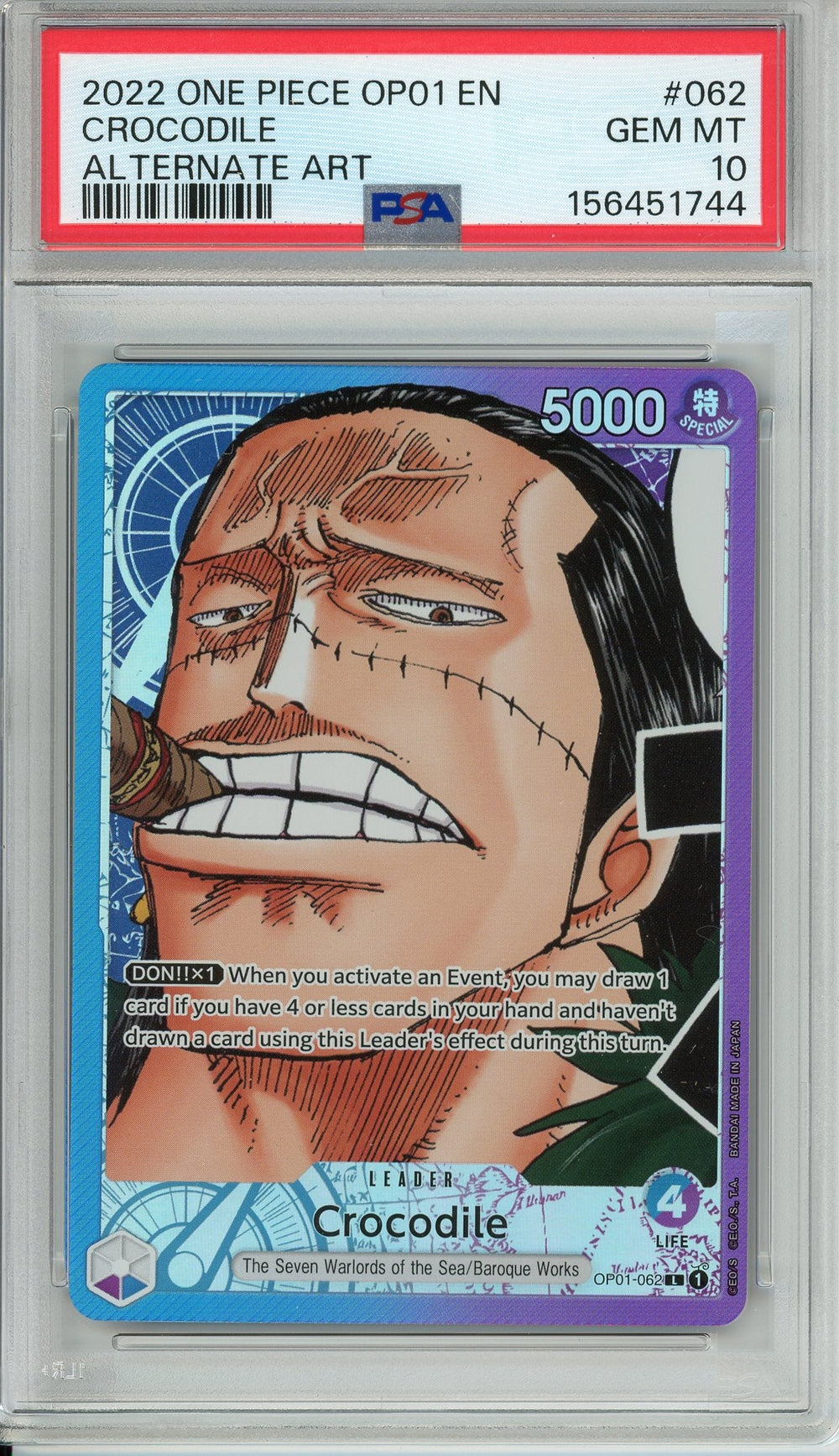 One Piece Graded: Crocodile OP01-062 Romance Dawn Alternate Art PSA 10