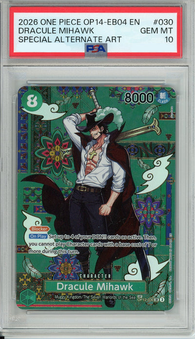 One Piece Graded: Dracule Mihawk OP12-030 Azure Sea's Seven Special Alternate Art PSA 10
