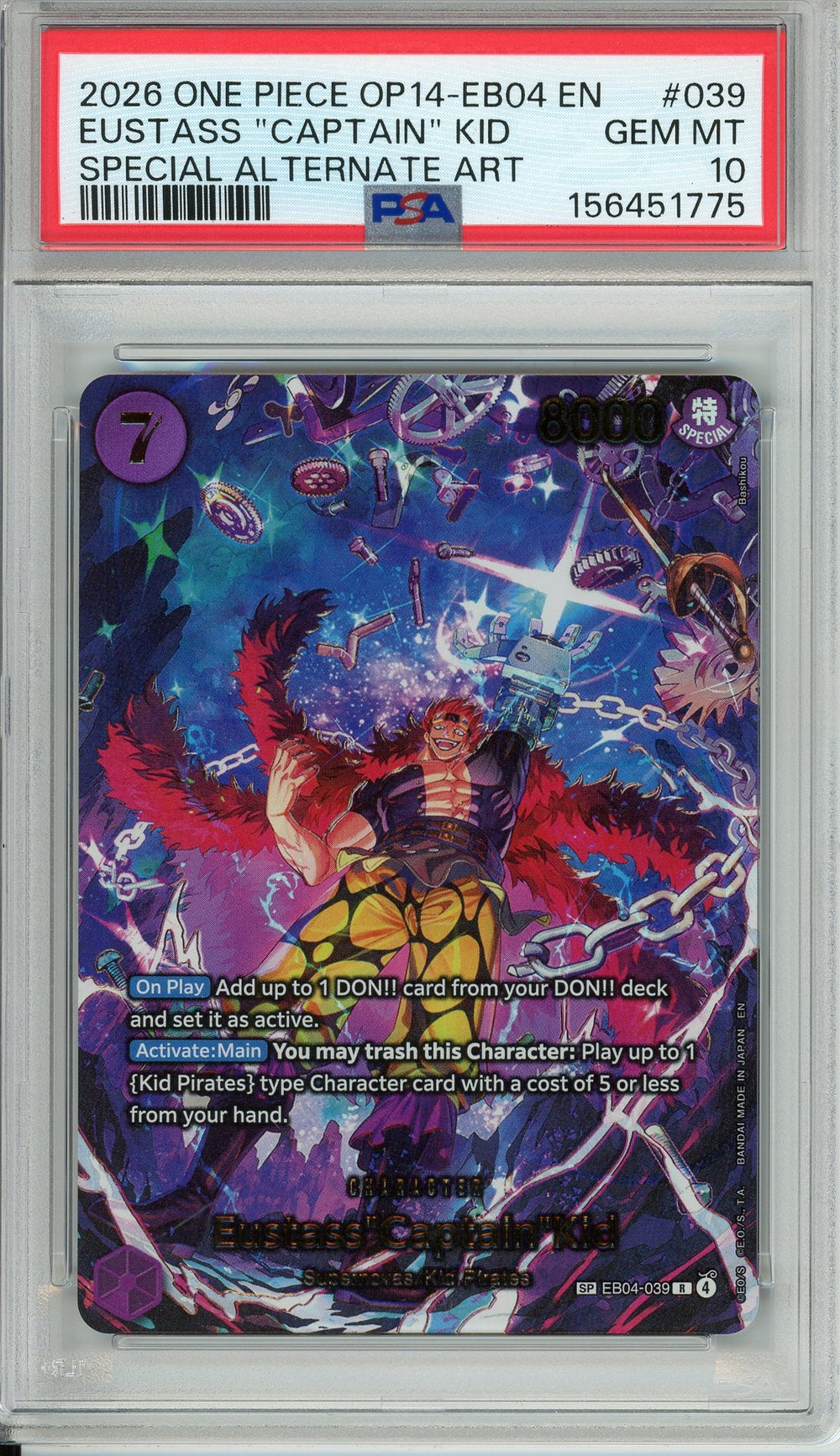 One Piece Graded: Eustass "Captain" Kid EB04-039 Special Alternate Art PSA 10