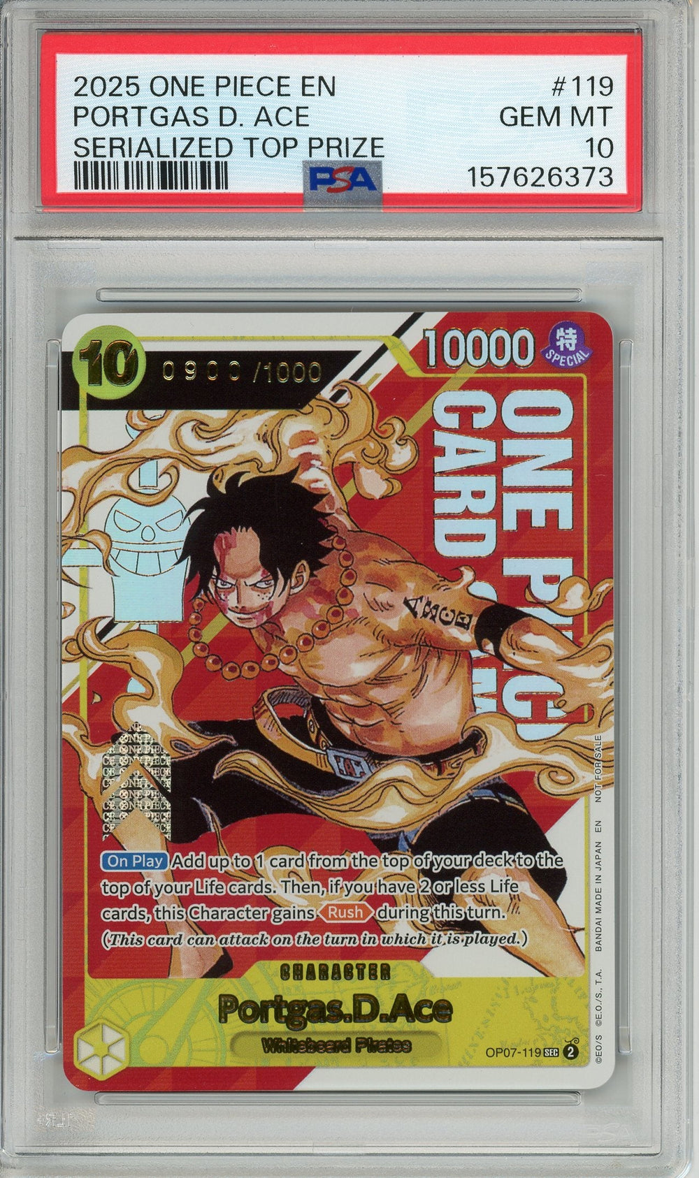 One Piece Graded: Portgas D. Ace OP07-119 Serialized Top Prize PSA 10